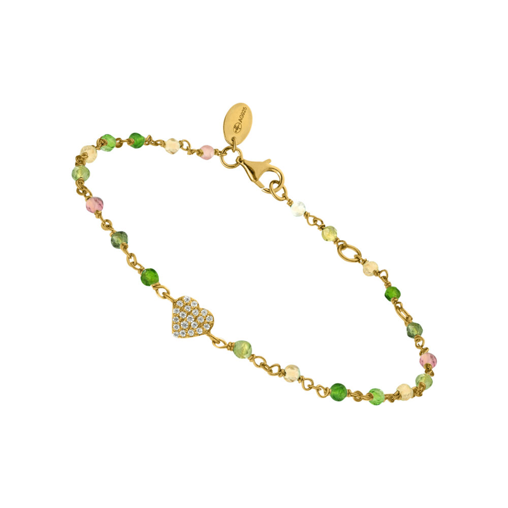 Bracelet argent doré cœur serti blanc pierres multi-tourmalines