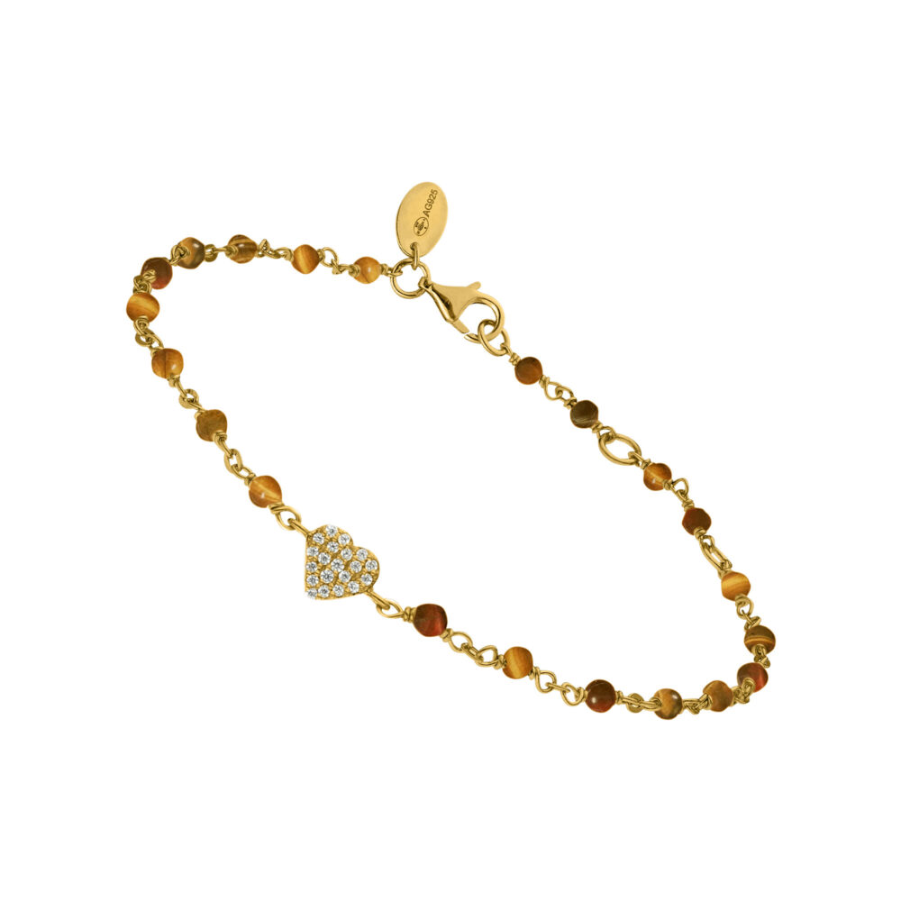 Bracelet argent doré cœur serti blanc pierres œil de tigre