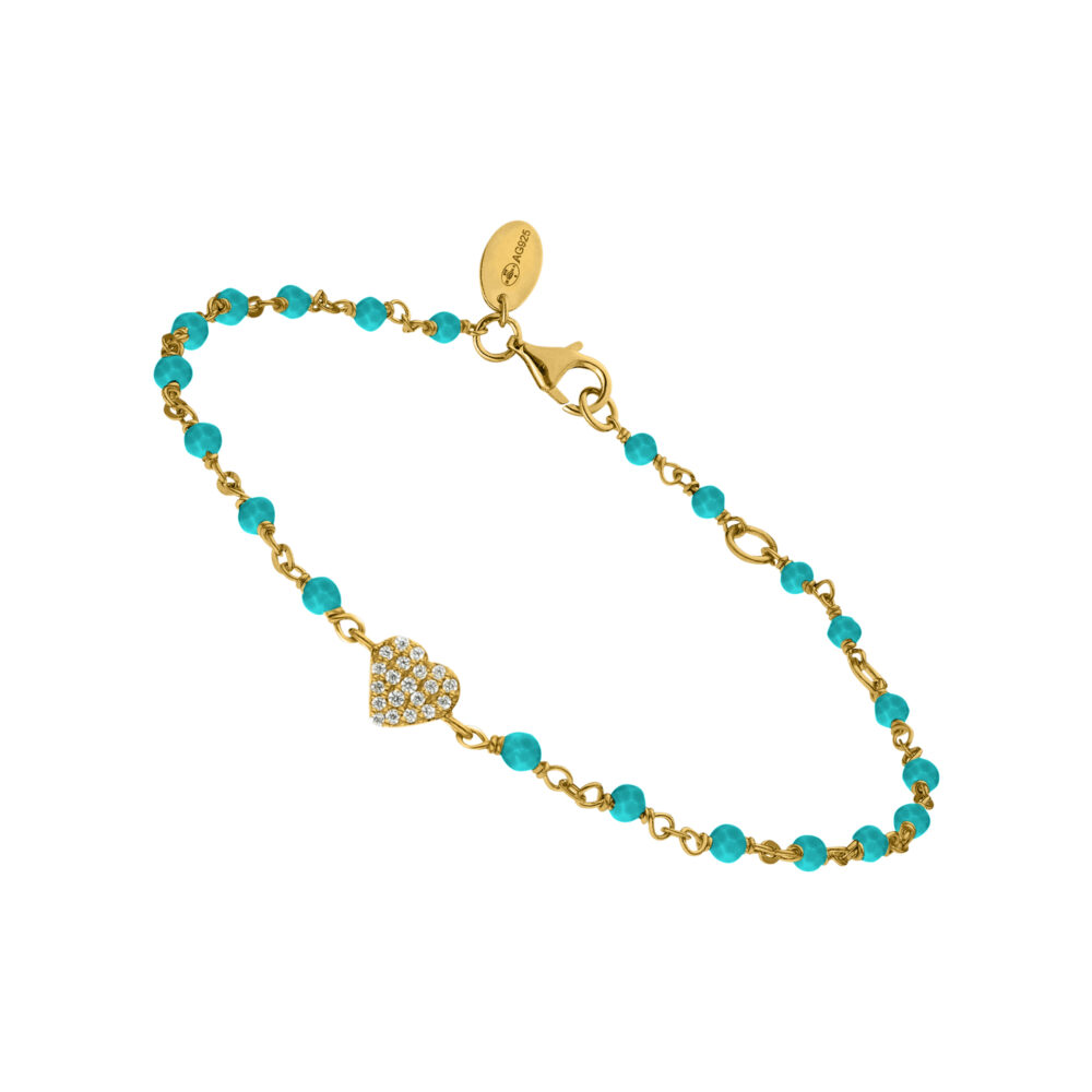 Bracelet argent doré cœur serti blanc pierres turquoise