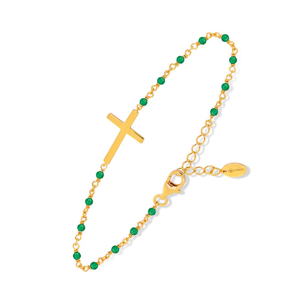 Bracelet argent doré croix et pierre onyx vert 1