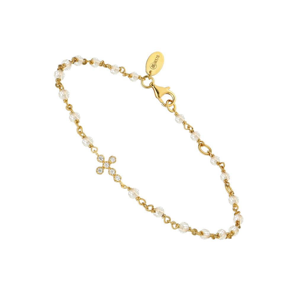 Bracelet argent doré croix zirconium blanc et perles de lune naturelles blanches