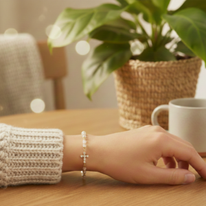 Bracelet argent doré croix zirconium blanc et perles de lune naturelles blanches 4