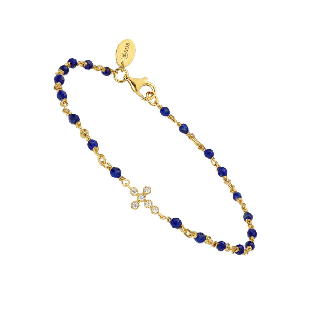 Bracelet argent doré croix zirconium blanc et pierres lapis