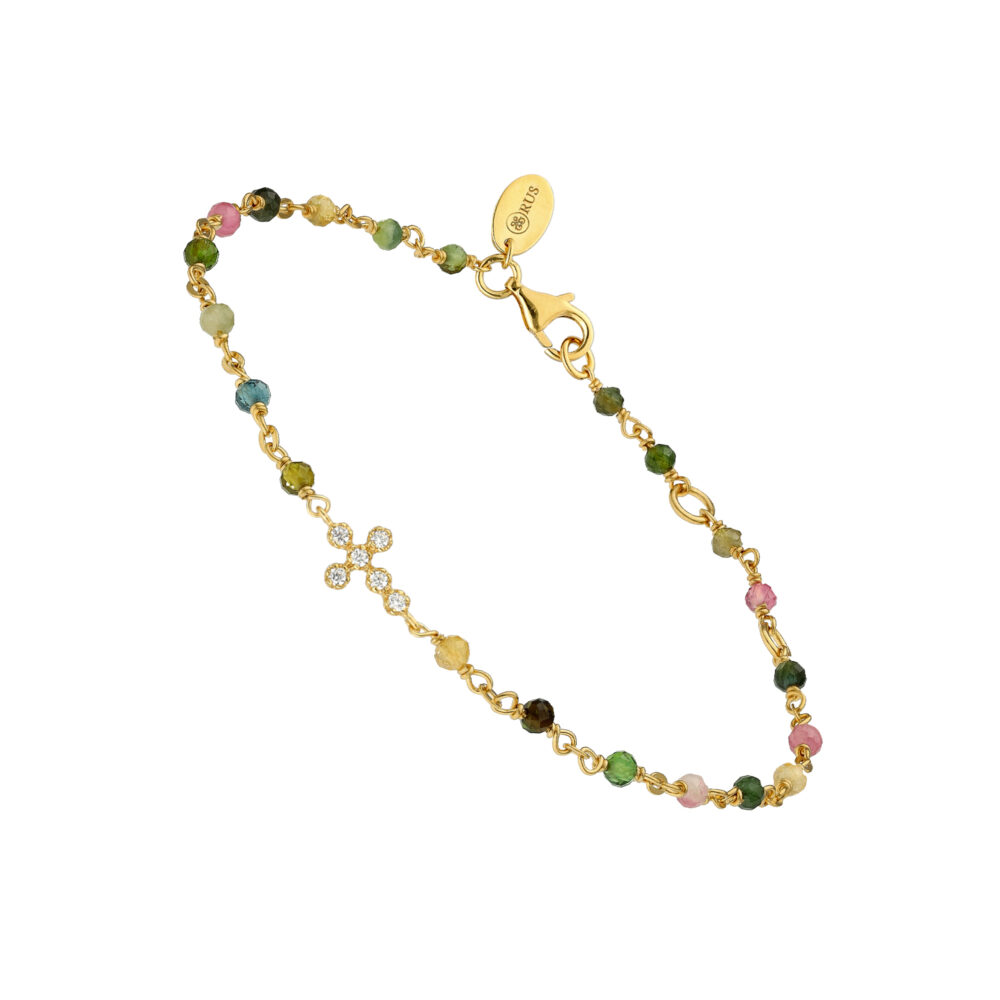 Bracelet argent doré croix zirconium blanc et pierres multi-tourmaline