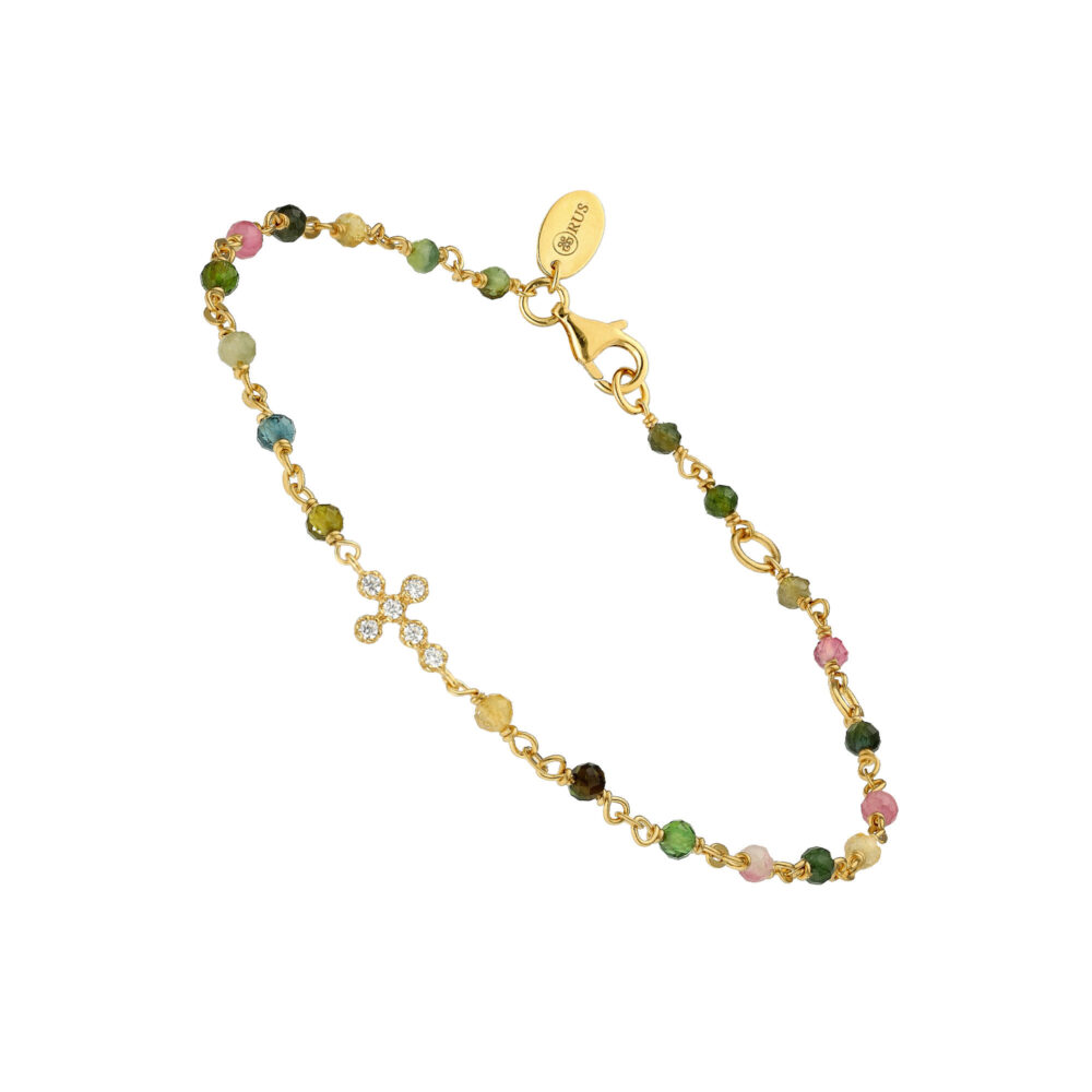 Bracelet argent doré croix zirconium blanc et pierres multi-tourmaline