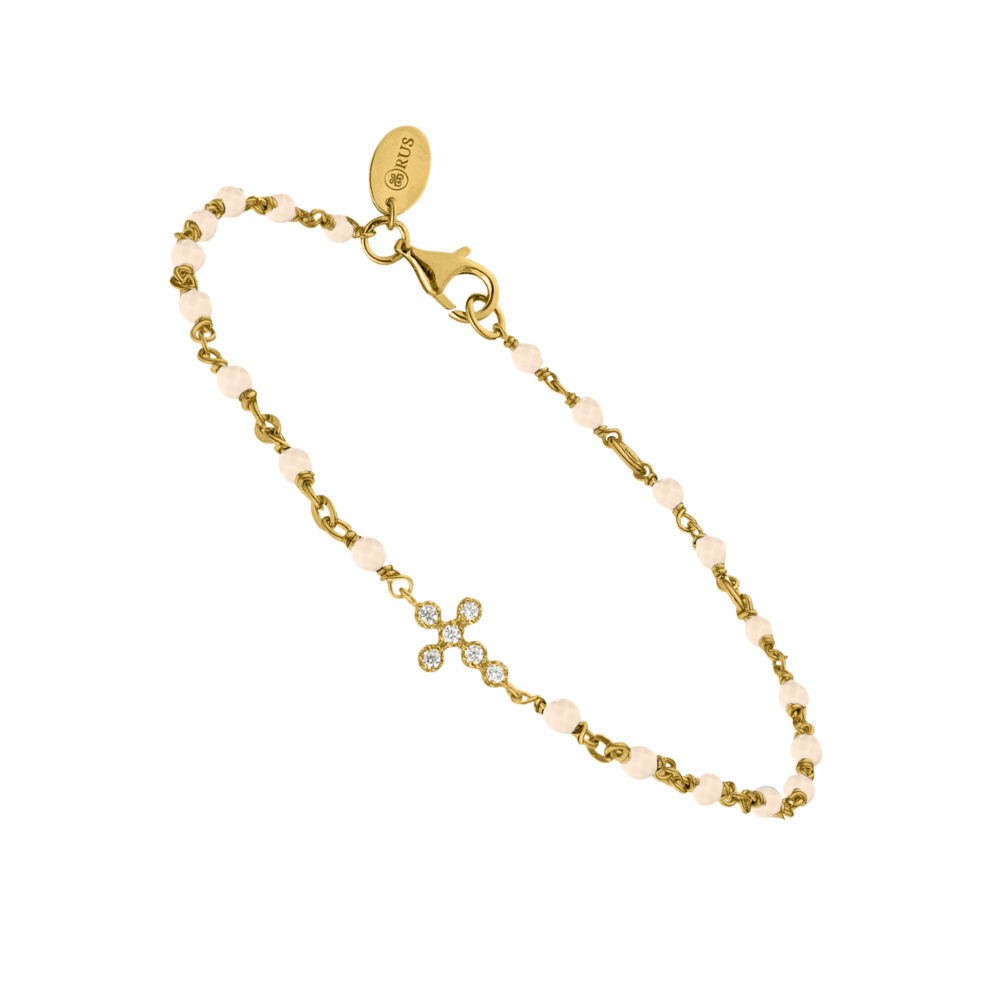 Bracelet argent doré croix zirconium blanc et pierres opale rose