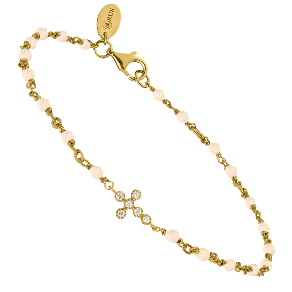 Bracelet argent doré croix zirconium blanc et pierres opale rose