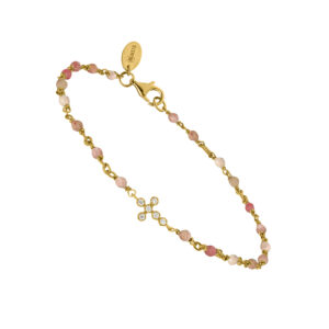 Bracelet argent doré croix zirconium blanc et pierres quartz rose fraise 3