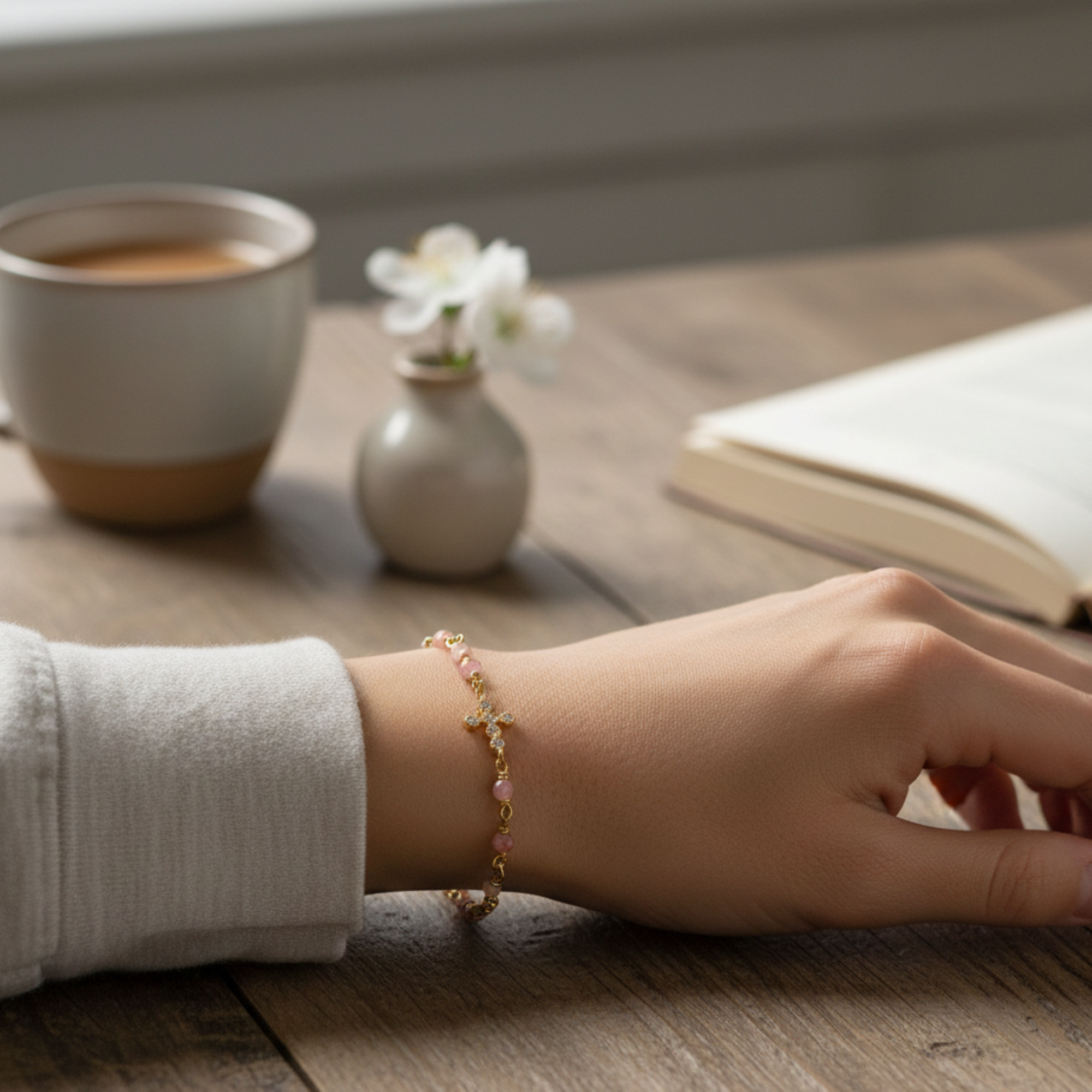 bracelet-argent-dore-croix-zirconium-blanc-et-pierres-quartz-rose-fraise Bracelet argent doré croix zirconium blanc et pierres quartz rose fraise 2