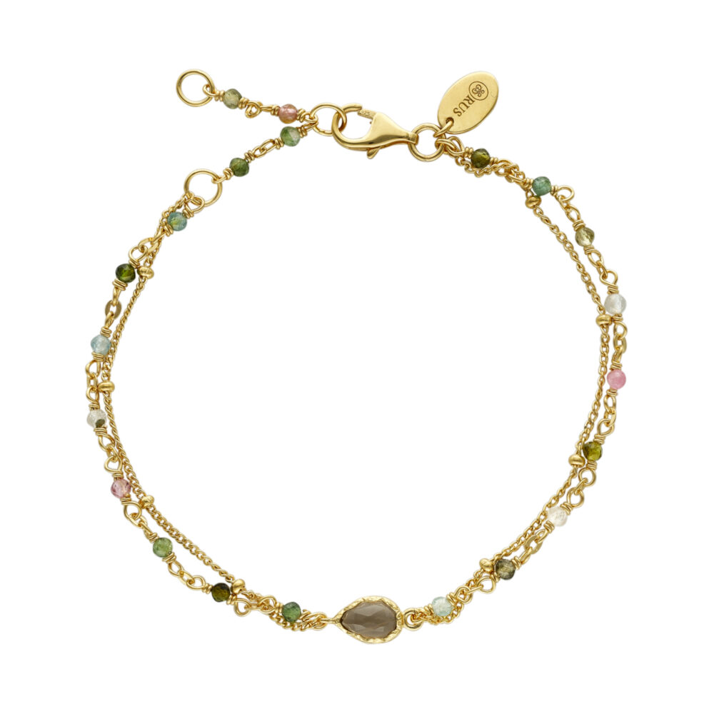 Bracelet argent doré double chaine goutte et pierre tourmaline
