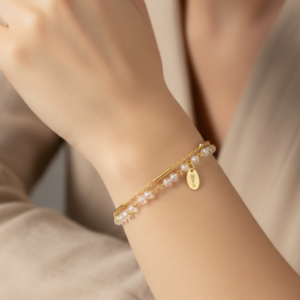 Bracelet argent doré doubles chaines barrettes perles naturelles blanche 4