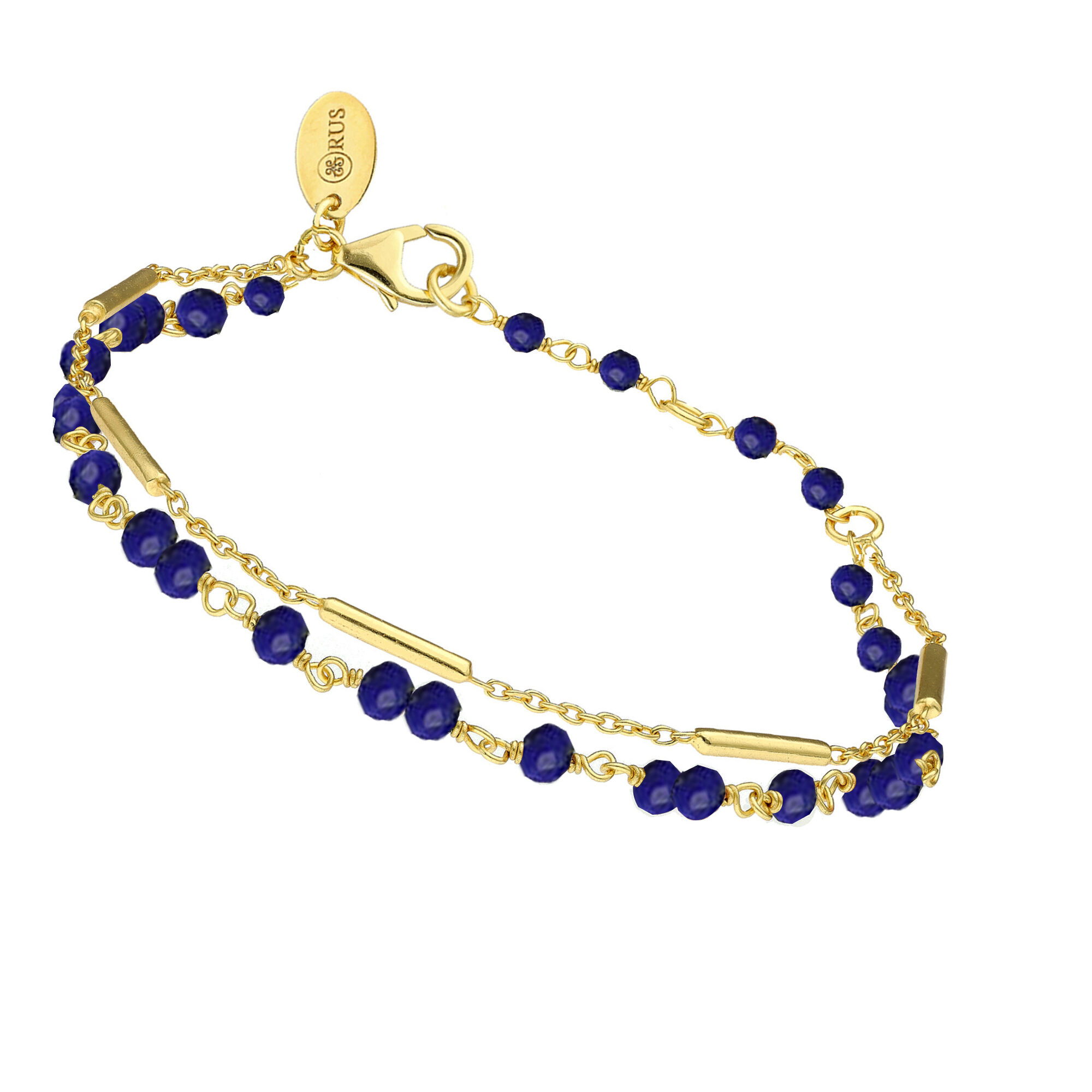 racadrage - BRN2097 DORE MULTITOUMRALINE Bracelet argent doré doubles chaines barrettes pierres Lapis Lazuli 1