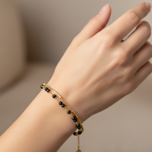 bracelet-argent-dore-doubles-chaines-barrettes-pierres-spinelle-noire Bracelet argent doré doubles chaines barrettes pierres Spinelle noire 4