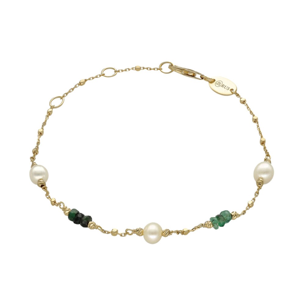 Bracelet argent doré émeraude et perle naturelle blanche