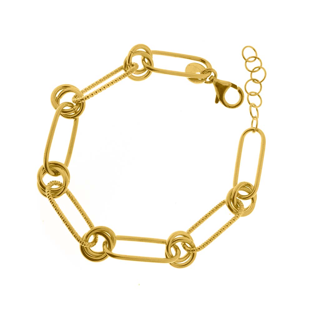 Bracelet argent doré grosse maille et double cercle lisse et diamanté 1