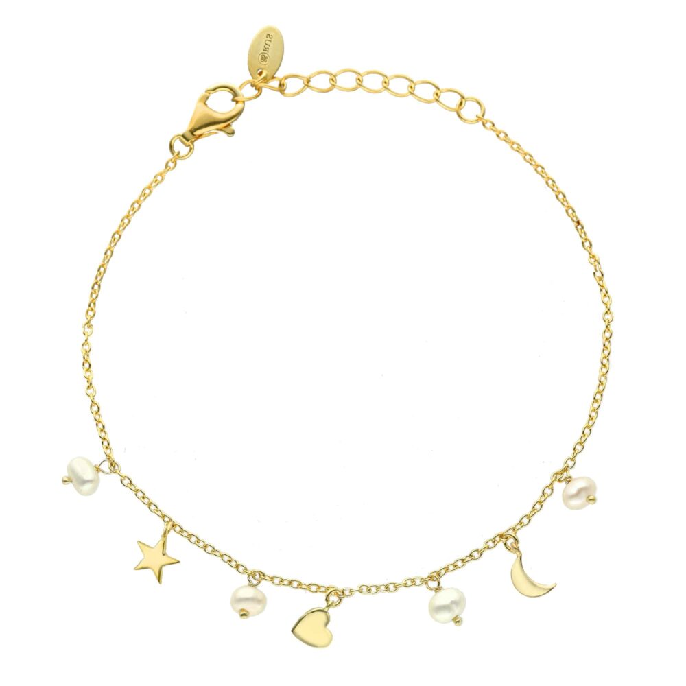 Bracelet argent doré étoile cœur et perles naturelles blanches 1