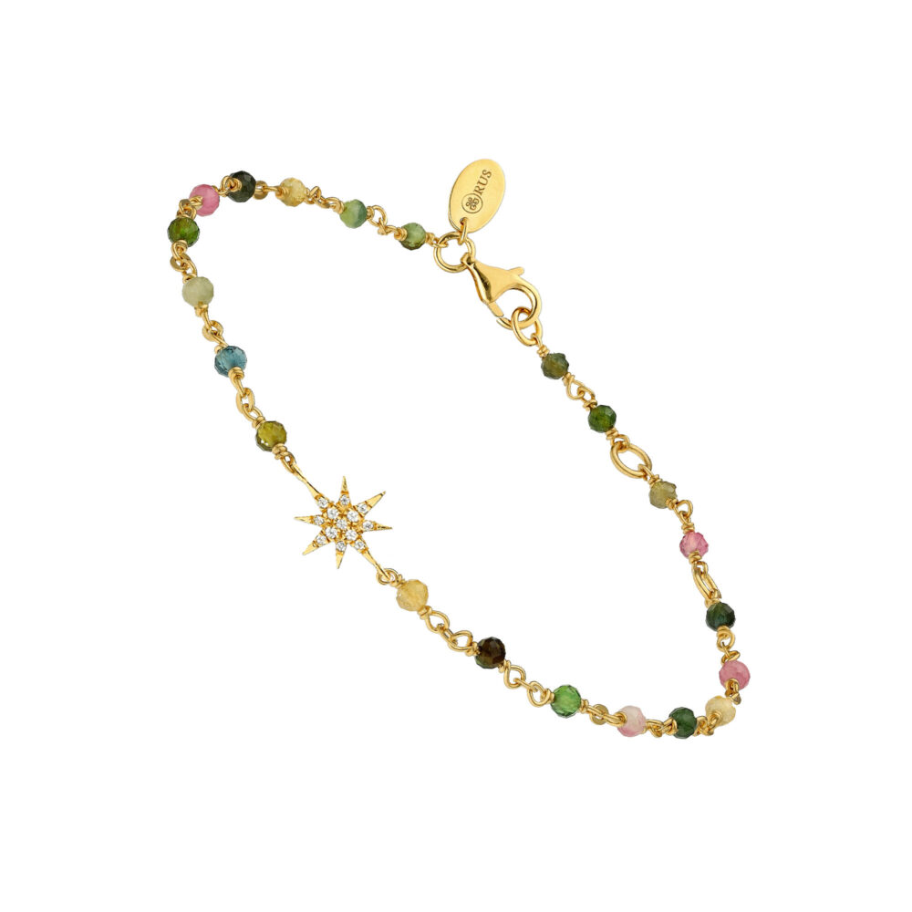Bracelet argent doré étoile zirconium blanc et pierres multi-tourmaline