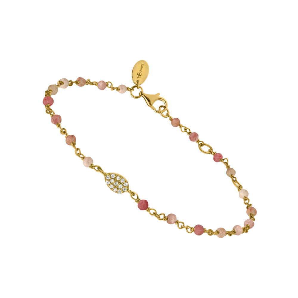 Bracelet argent doré goutte serti blanc pierres quartz rose fraise