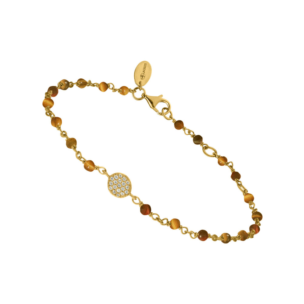 Bracelet argent doré médaillon serti blanc et pierres œil de tigre