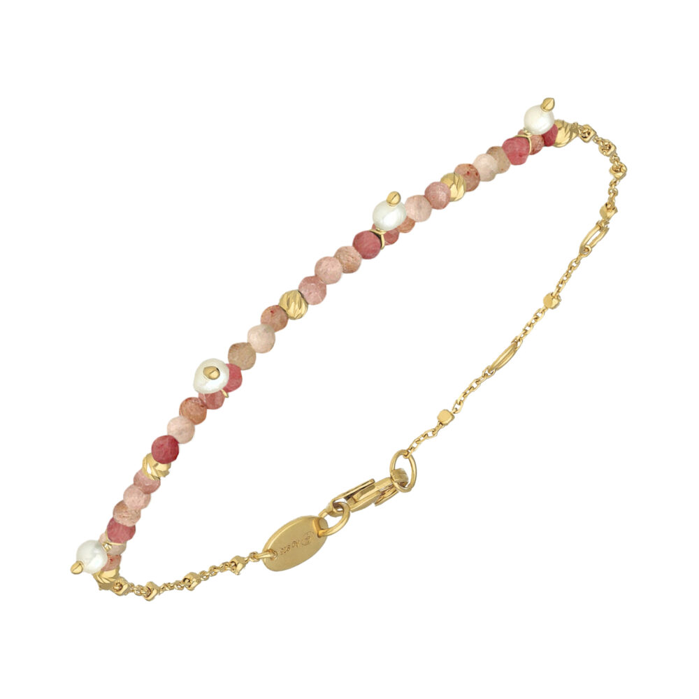 Bracelet argent doré pampille perle naturelle et rhodonite fraise