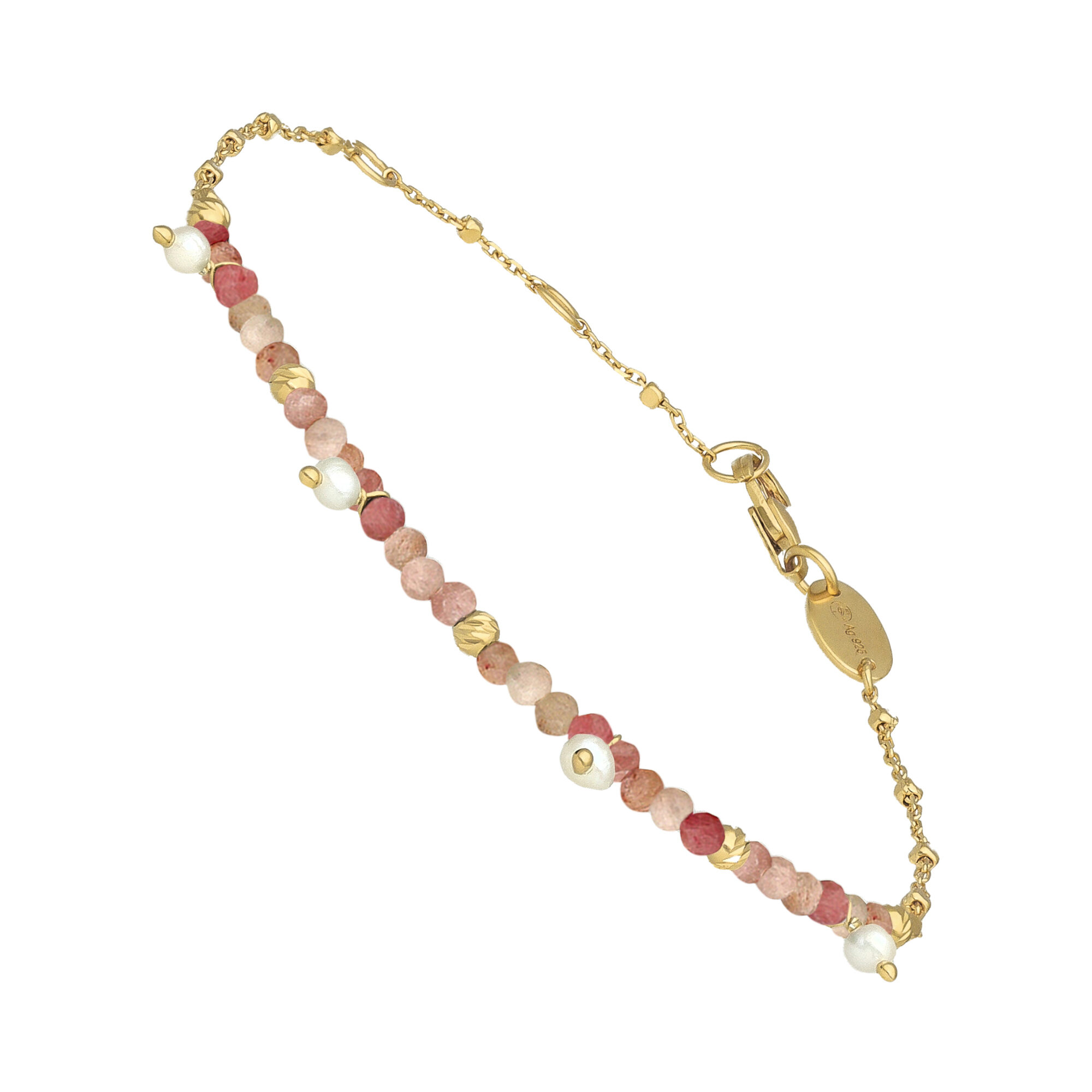 bracelet-argent-dore-pampille-perle-naturelle-et-rhodonite-fraise Bracelet argent doré pampille perle naturelle et rhodonite fraise 1