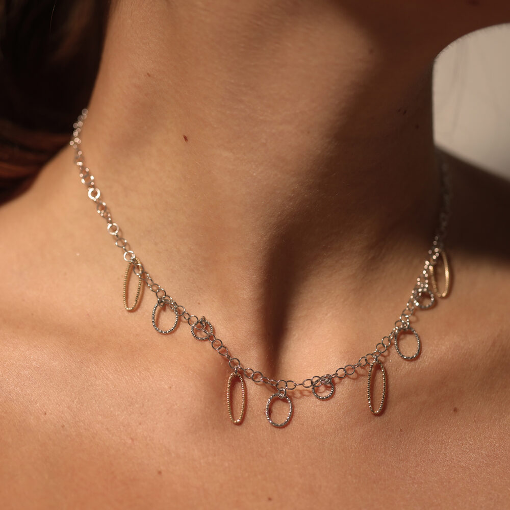 Rhodium silver necklace with small diamond circles and ovals 3