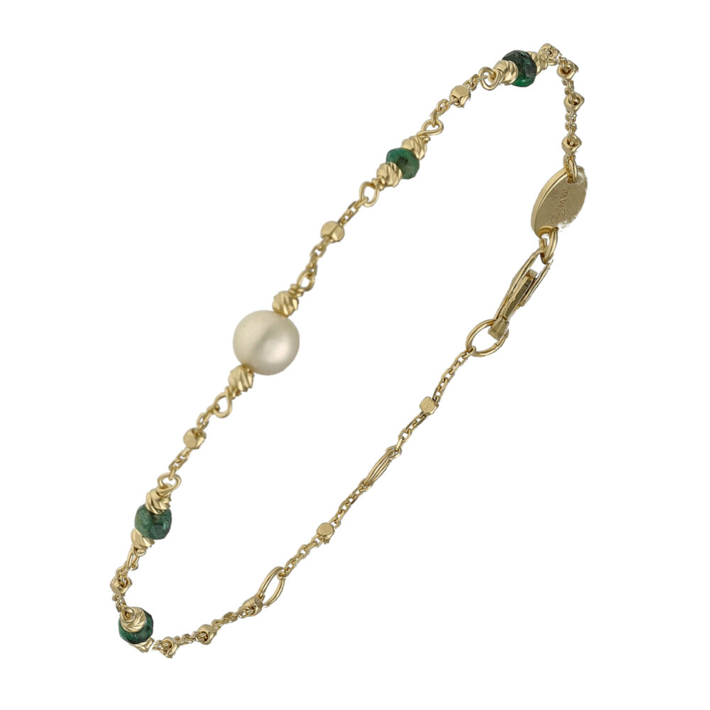 Bracelet argent doré pierres précieuses émeraude et perle naturelle blanche