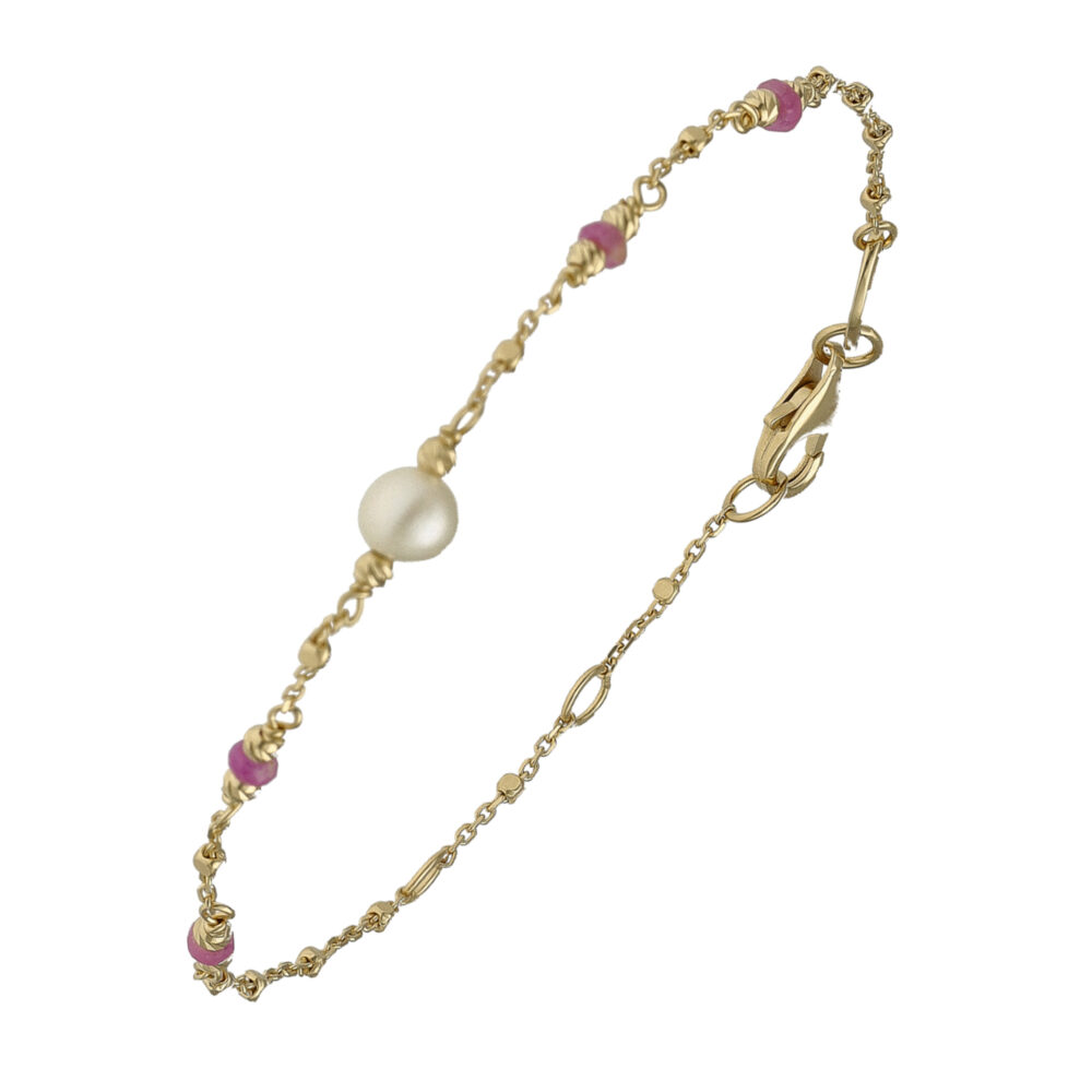 Bracelet argent doré pierre rubis et perle naturelle blanche
