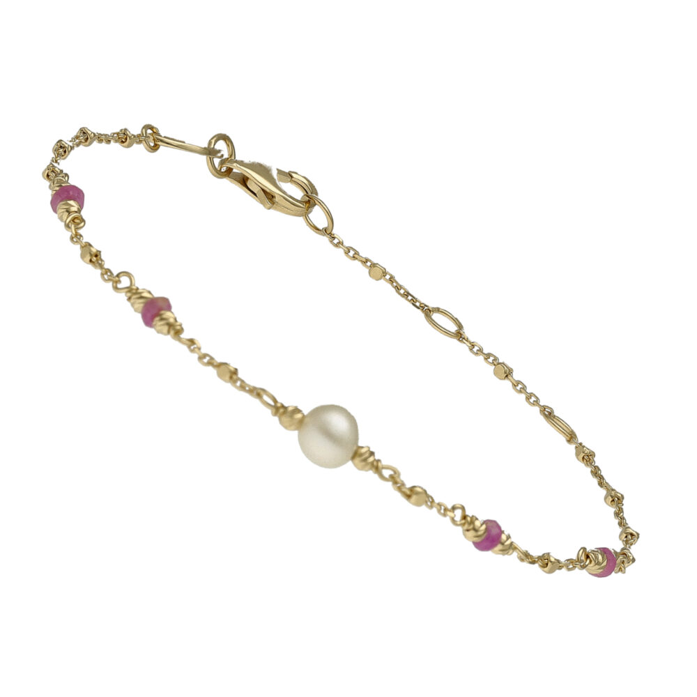 Bracelet argent doré pierres précieuses rubis et perle naturelle blanche