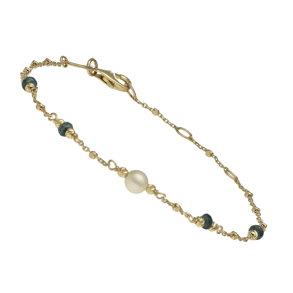 Bracelet argent doré pierres précieuses saphir et perle naturelle blanche