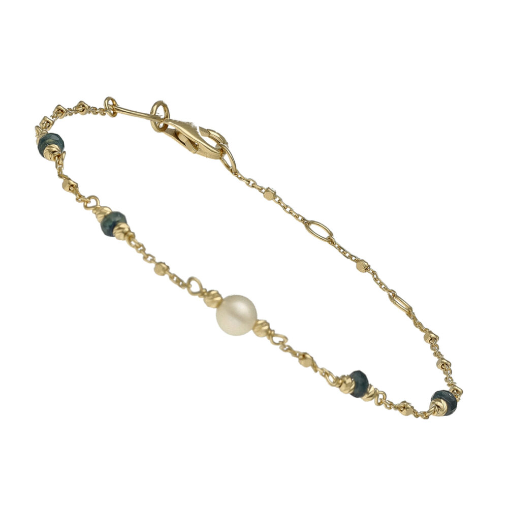 Bracelet argent doré pierres précieuses saphir véritable et perle naturelle blanche