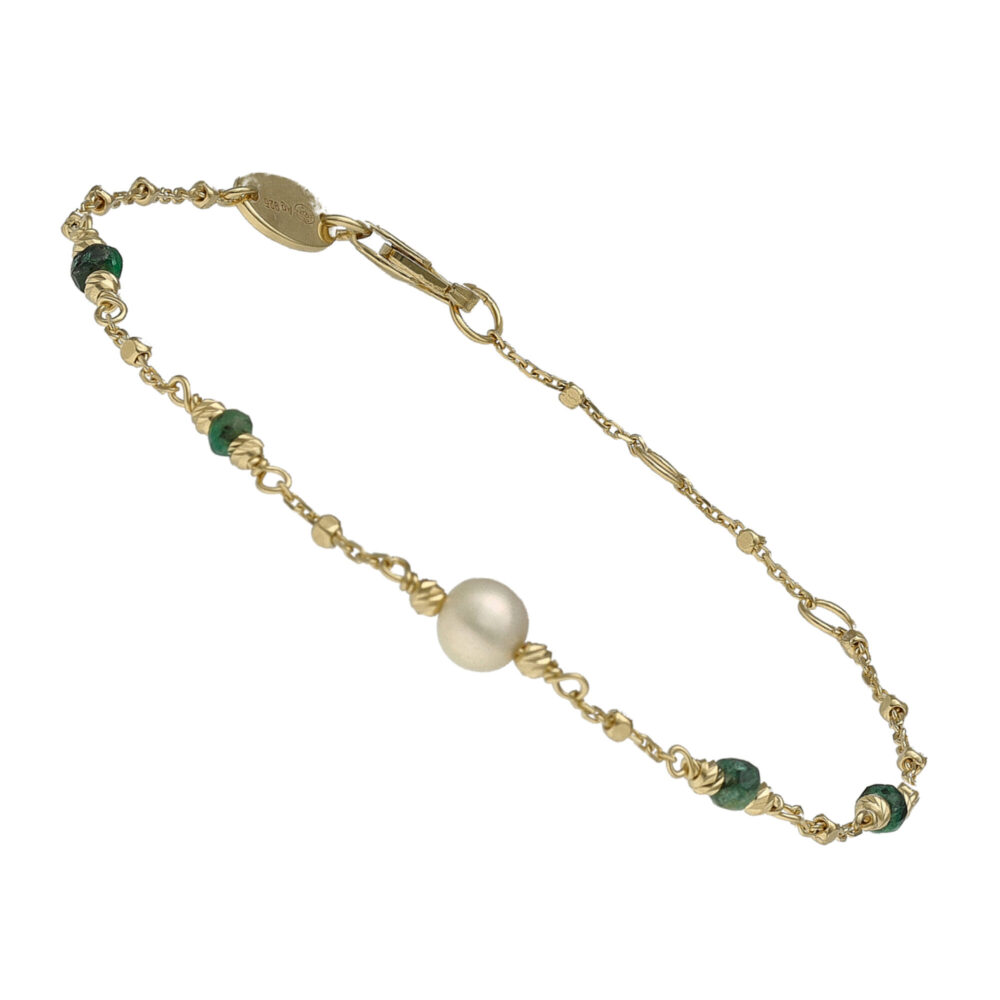 Bracelet argent doré pierres précieuses émeraude véritable et perle naturelle blanche
