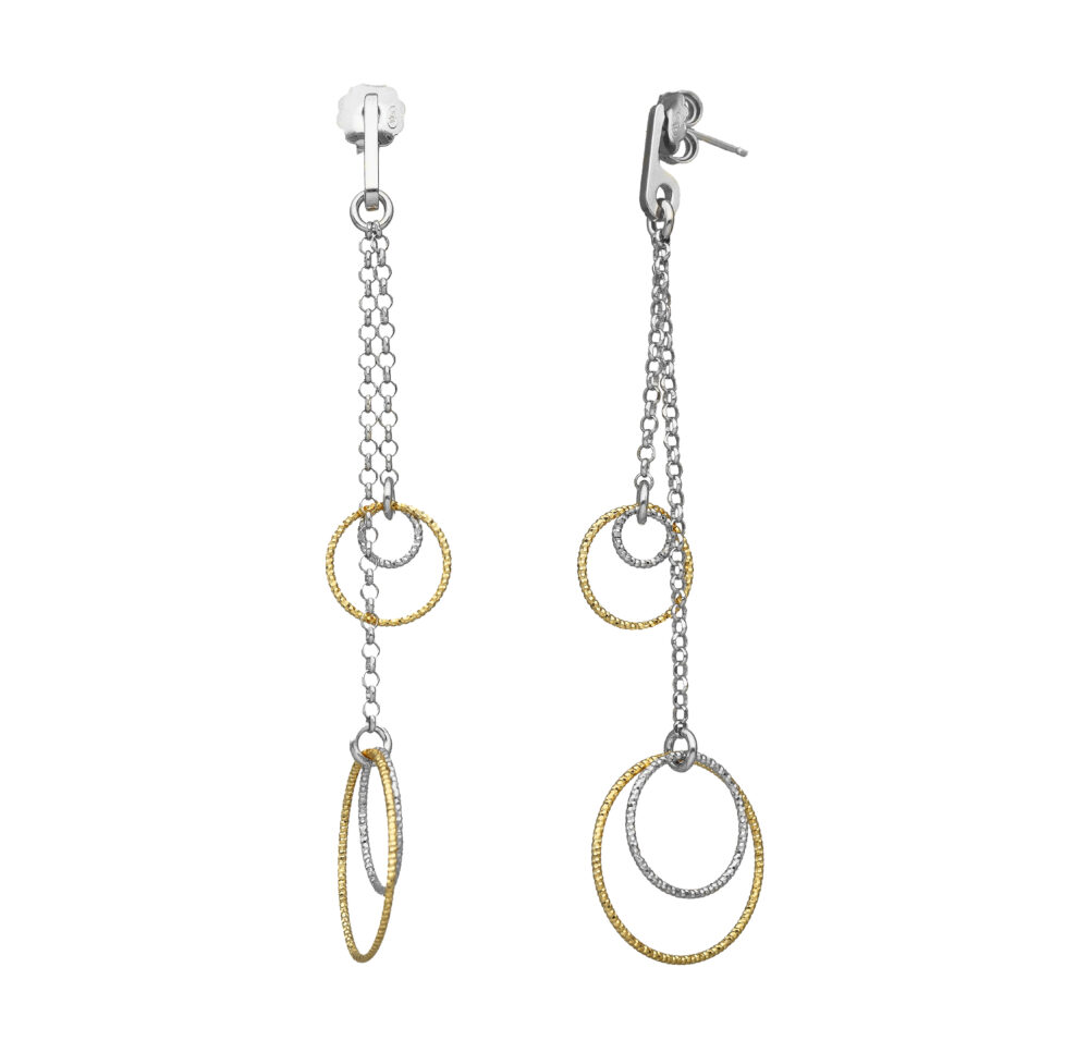 Two-tone rhodium-plated silver double chain earrings with diamond circles 1