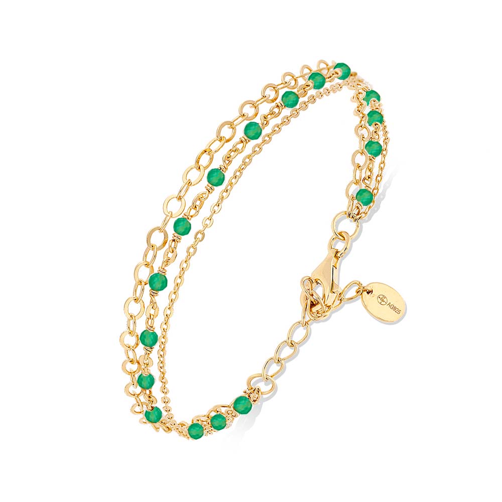 Bracelet argent doré triple chaine petite perles pierre onyx vert 1