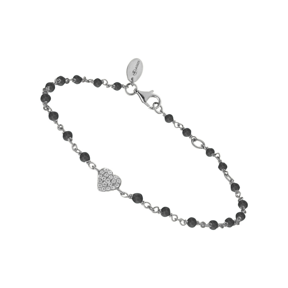 Bracelet argent rhodié cœur serti blanc pierre spinelle noire