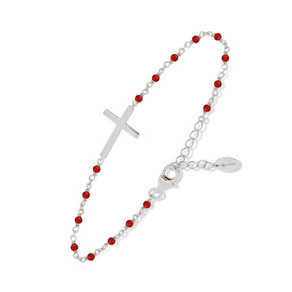Bracelet argent rhodié croix et pierre onyx rouge