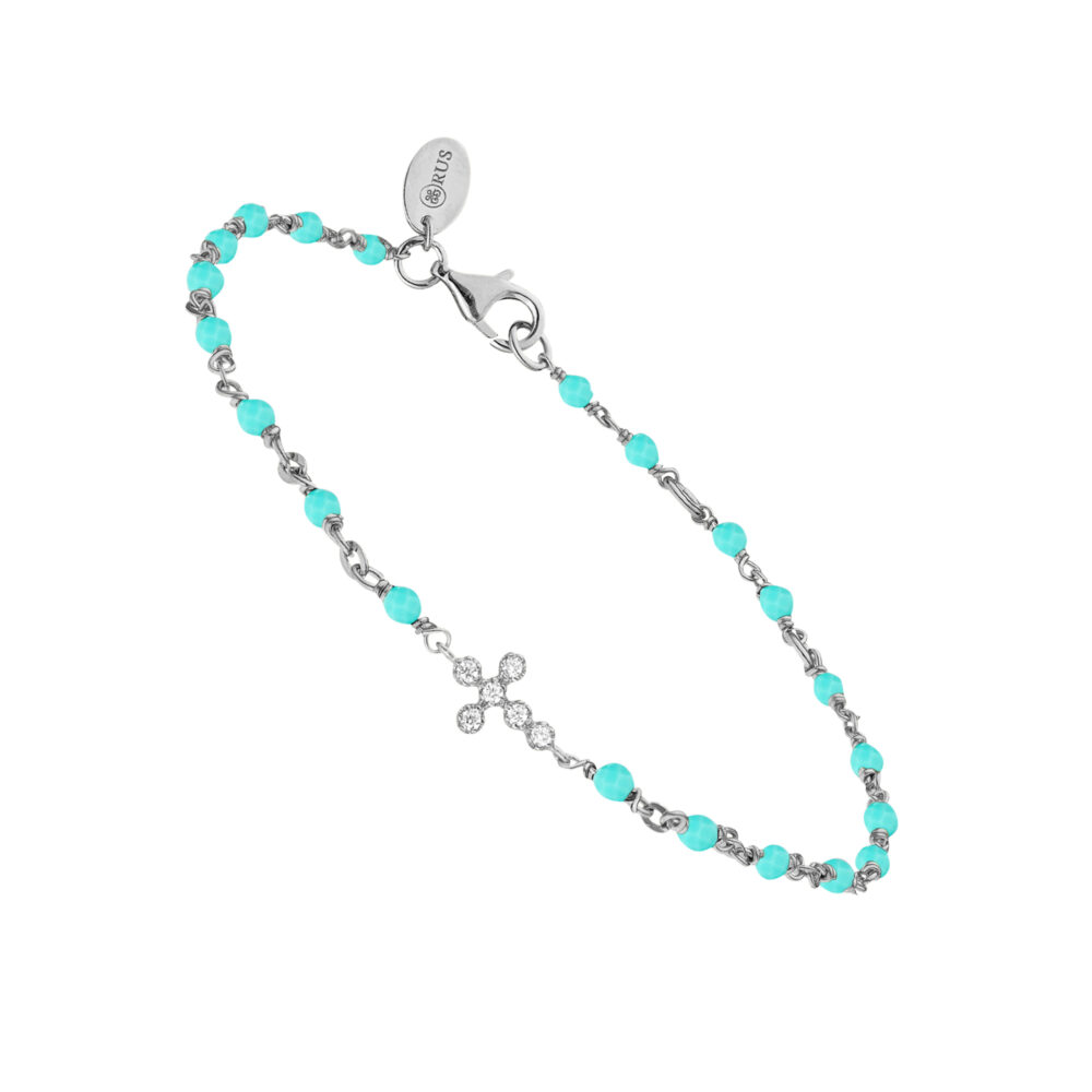 Bracelet argent rhodié croix zirconium blanc et pierres amazonite