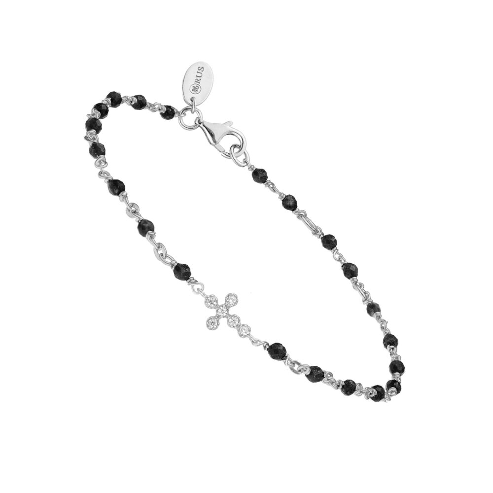 Bracelet argent rhodié croix zirconium blanc et pierres Spinelle noires