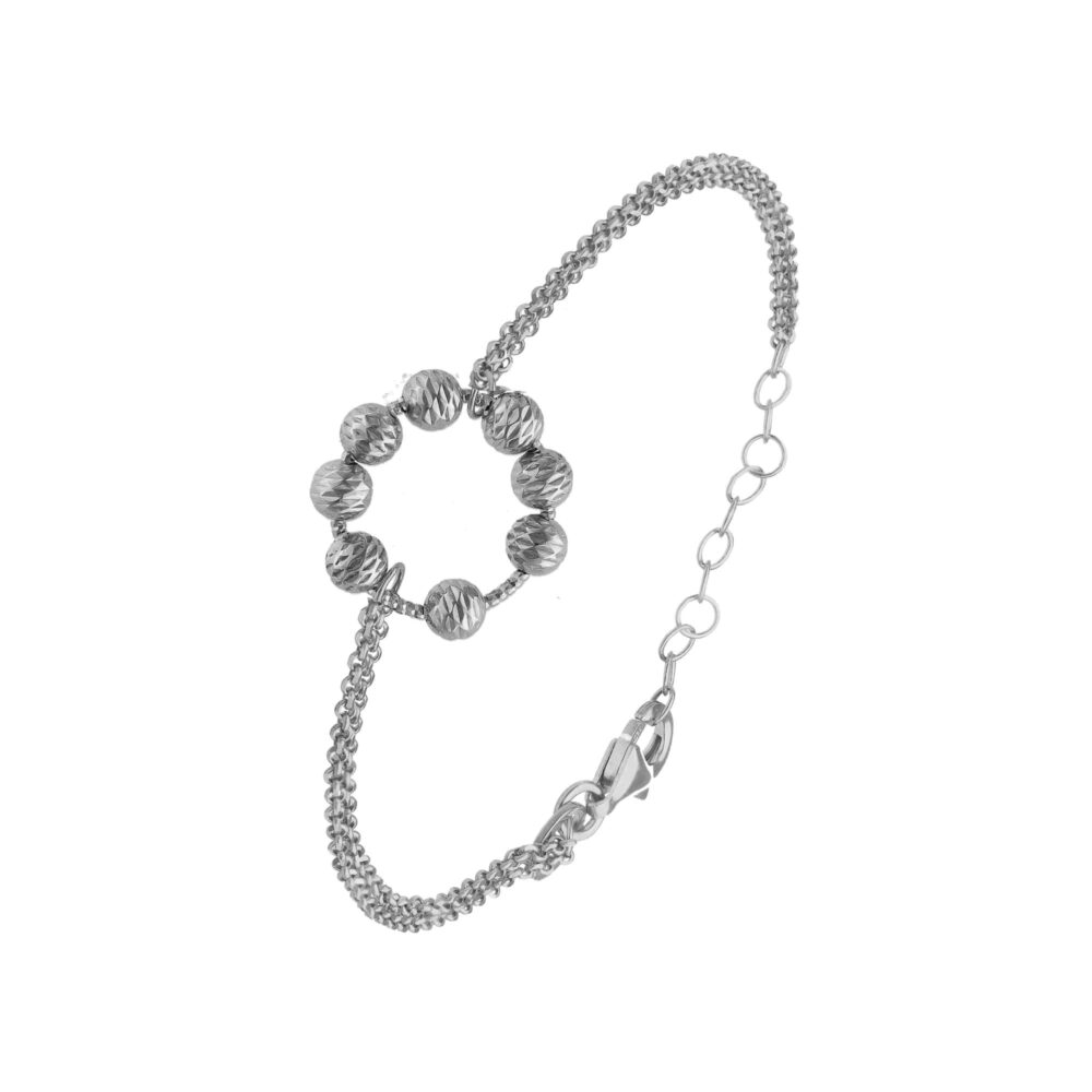 Rhodium-plated silver double chain circle bracelet with diamond effect balls 1