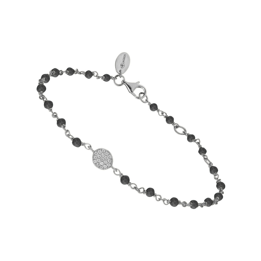 Bracelet argent rhodié médaillon serti blanc et pierre spinelle noire