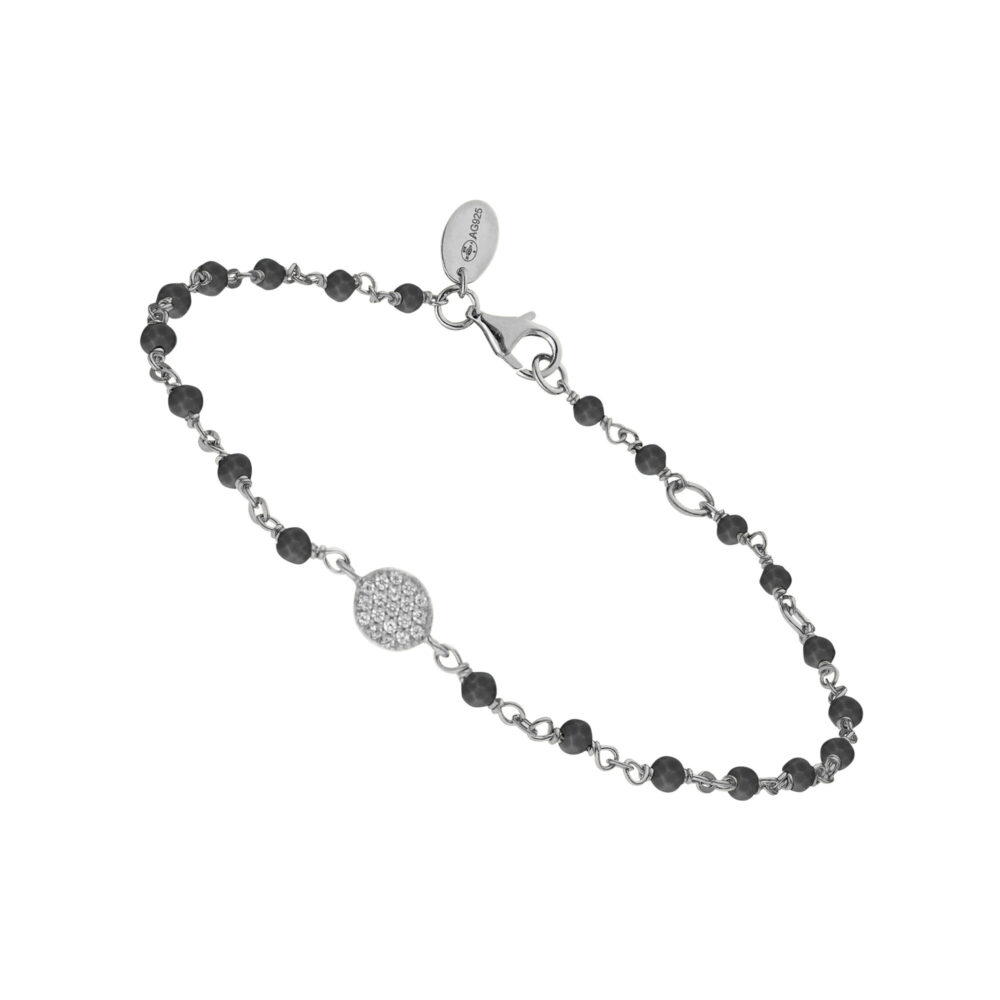 Bracelet argent rhodié médaillon serti blanc et pierre spinelle noire