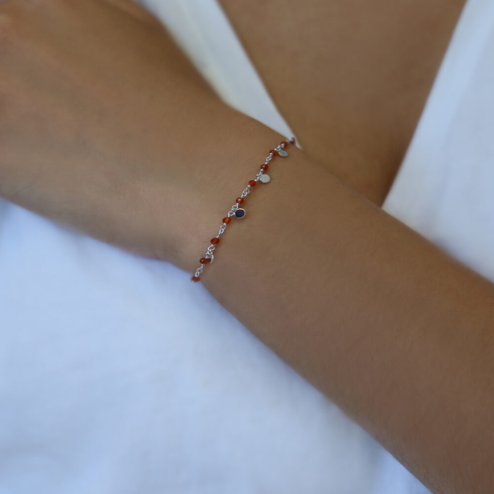 Rhodium silver bracelet with small pendant beads and red onyx stone 2