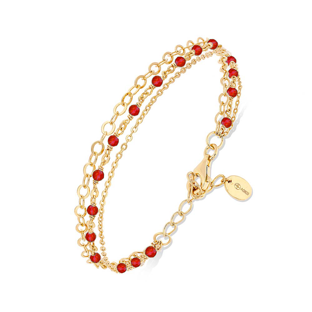 Bracelet argent doré triple chaine petite perles pierre onyx rouge 1