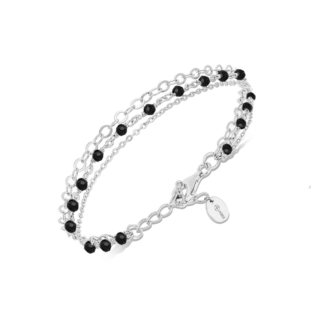 Bracelet argent triple chaine petite perles spinelle noire