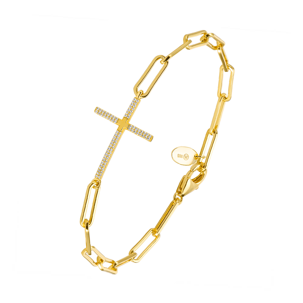 Bracelet chaine argent croix doré serti de pierre blanche 1