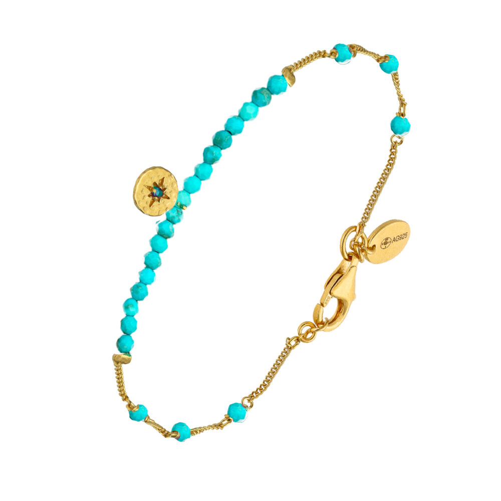 Bracelet chaîne argent doré avec perles de turquoise et pampille 1