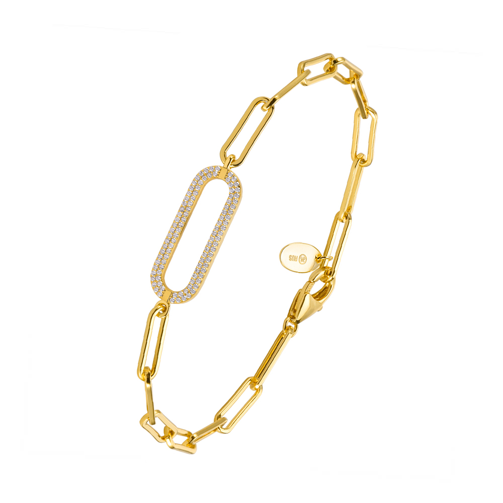 Bracelet chaine argent ovale doré serti de pierre blanche 1