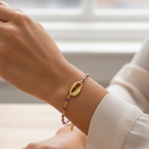 Bracelet chaine en argent doré avec pierres naturelles turquoise et coquillage 4