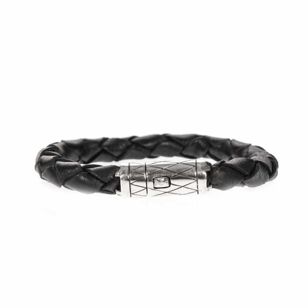 Men's leather and silver round braid bracelet 1