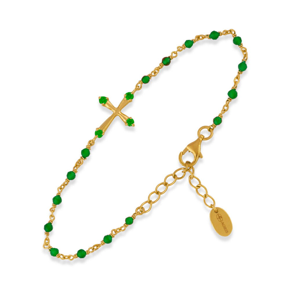 Bracelet en argent doré croix pierres naturelles onyx vert 1